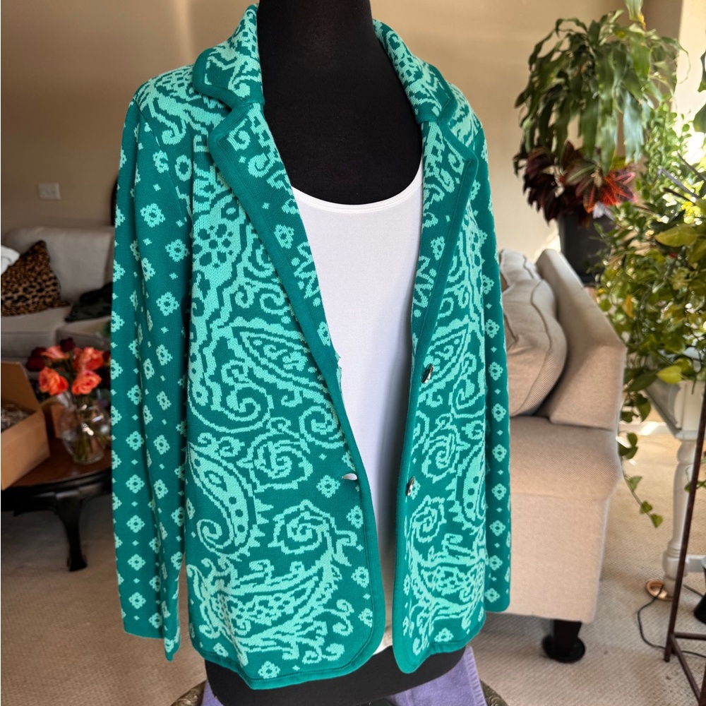 Isaac Mizrahi Live! Green Paisley Knit Blazer Cardigan, Enamel Buttons. S-Large
